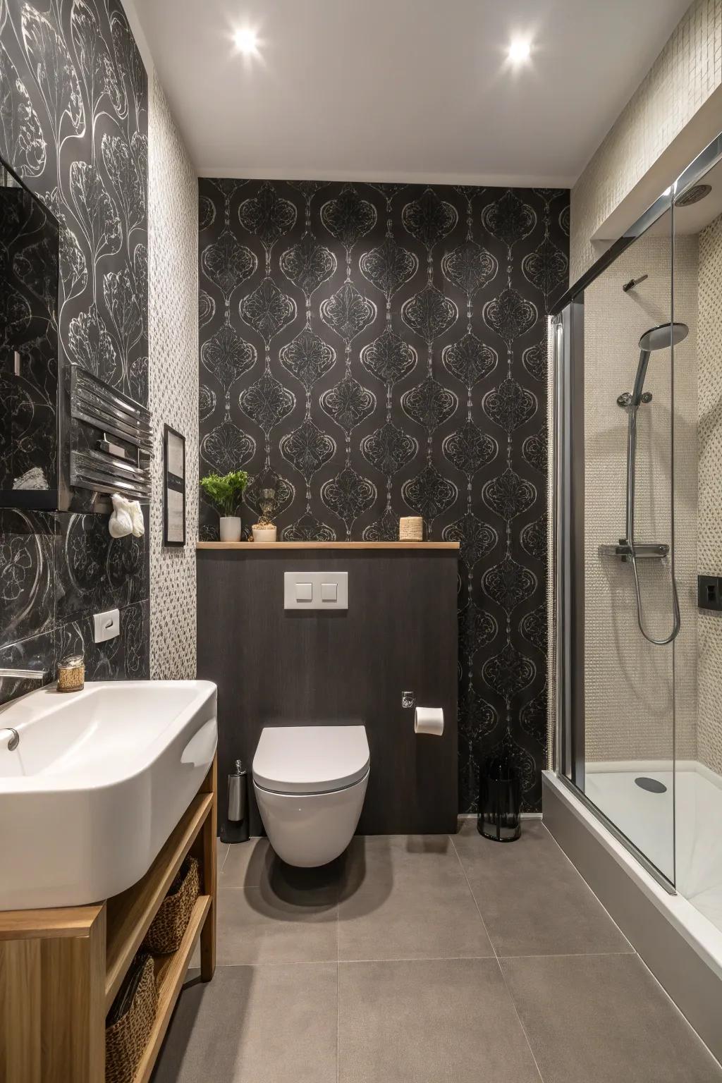 Monochrome wallpaper offers a sleek and minimalist bathroom design.