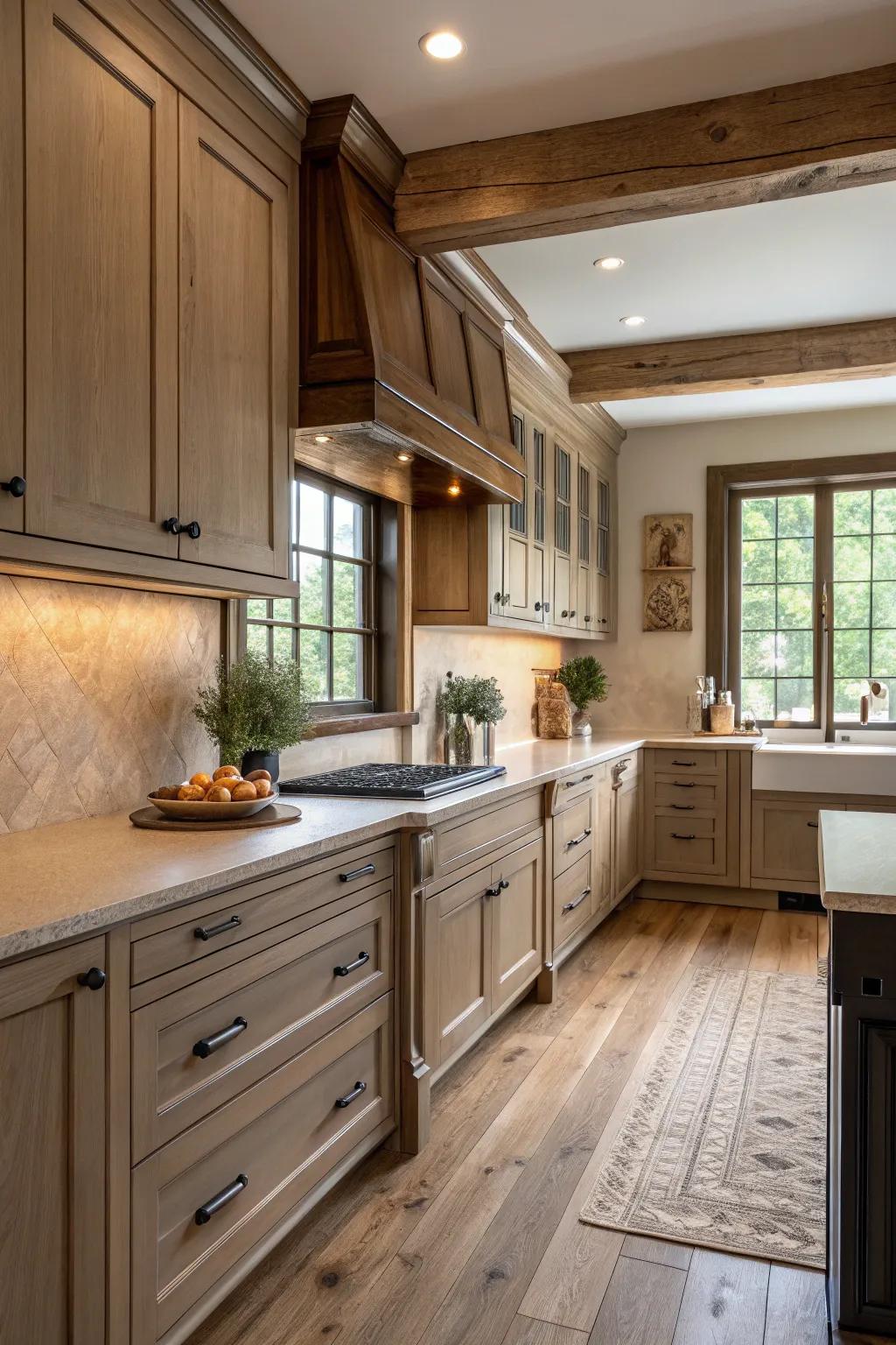 Beige-toned wood creates a harmonious kitchen atmosphere.