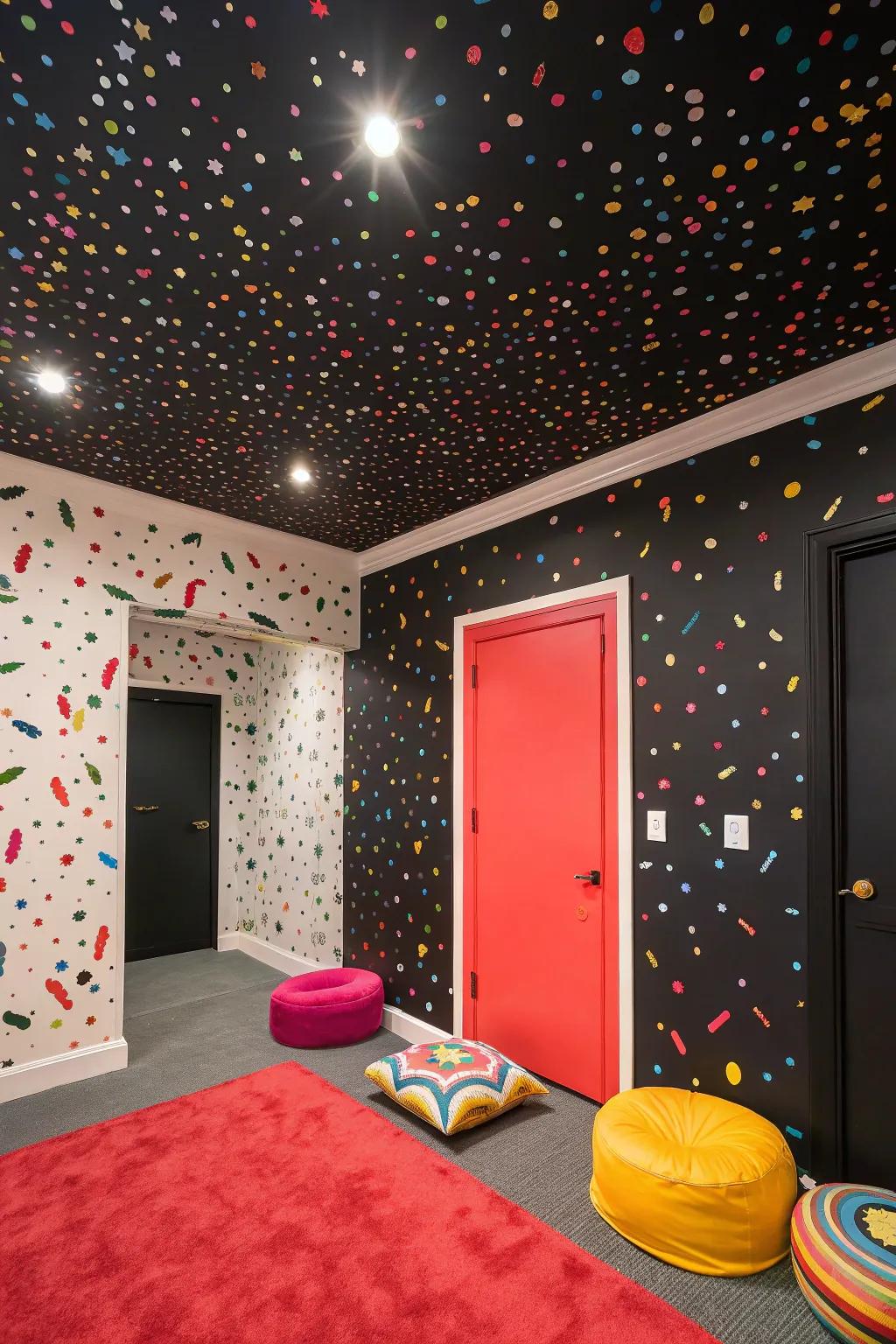 A whimsical room featuring a black ceiling and confetti wallpaper for a playful vibe.