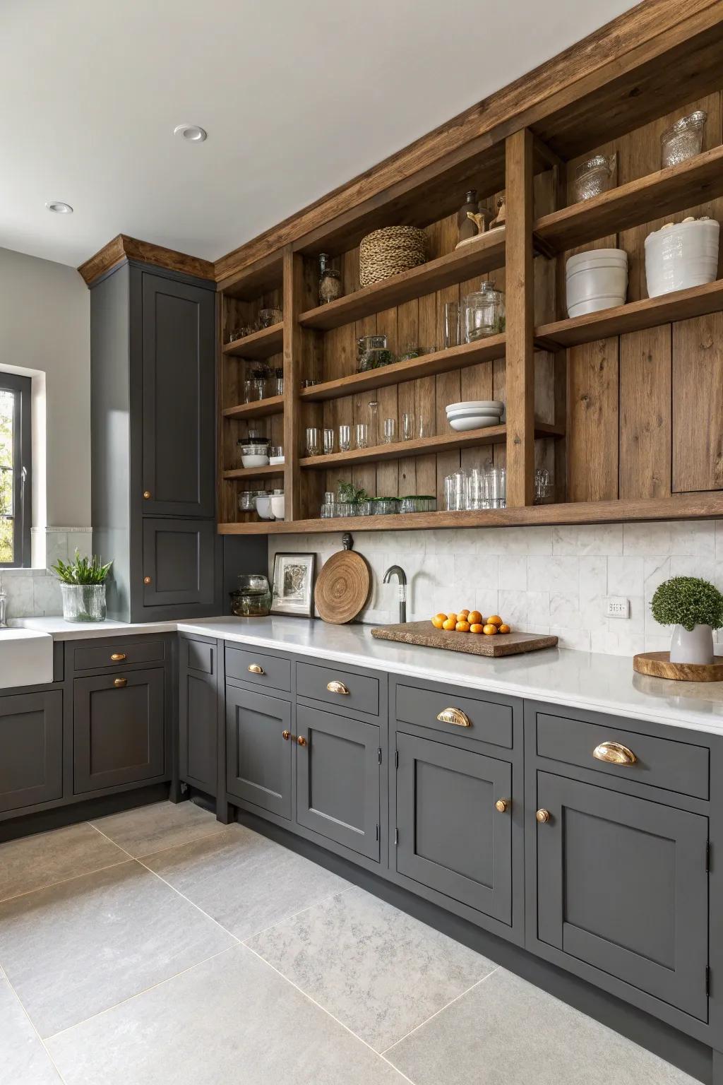 Open shelving mixed with dark gray cabinets creates balance.