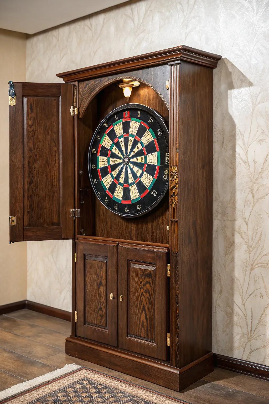 Elevate your game room with a handcrafted dartboard cabinet that combines style and protection.