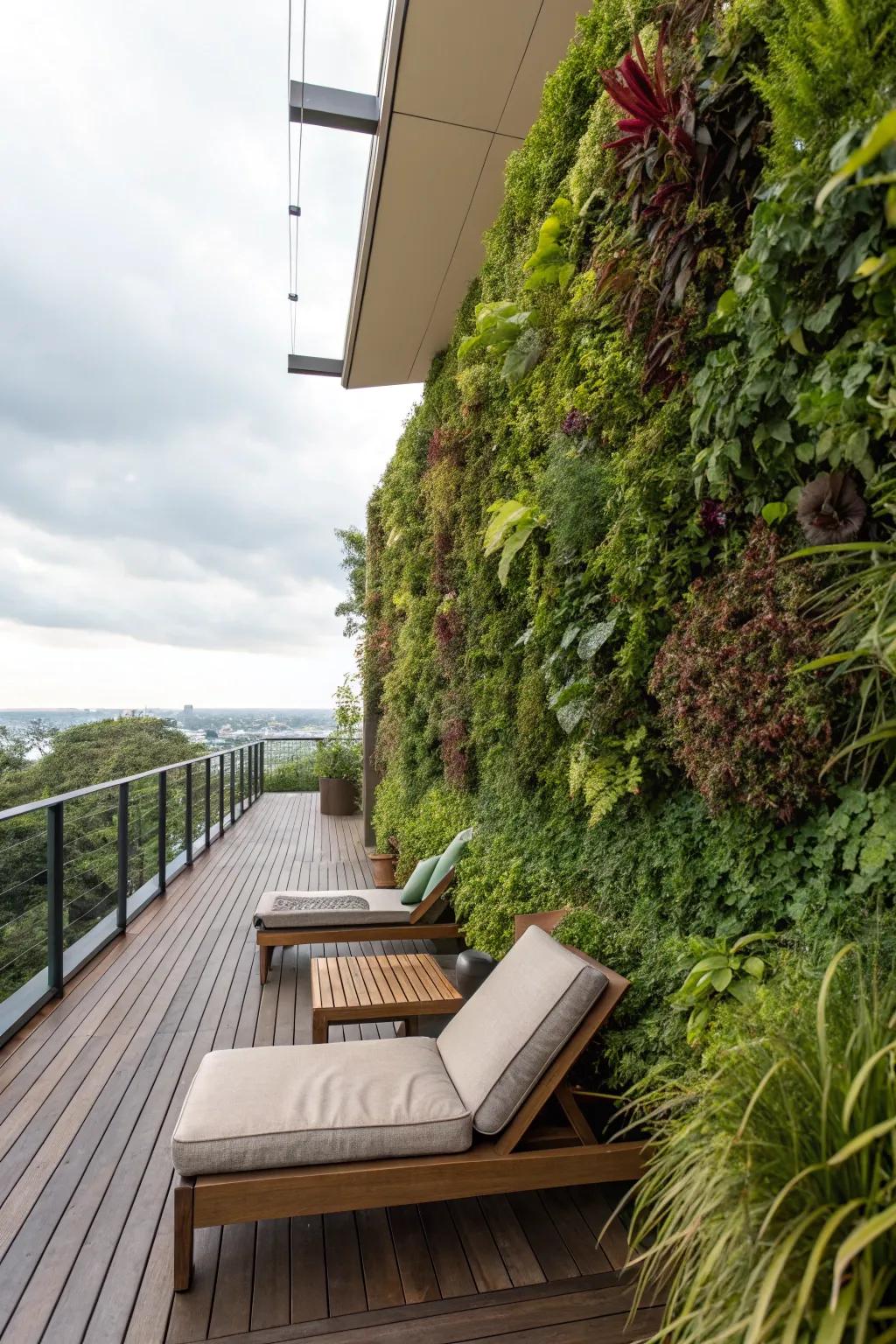 A lush living wall offers privacy and greenery on this stylish deck.