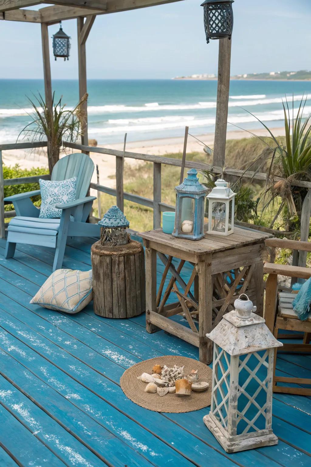 Blue stain evokes a serene, coastal atmosphere.