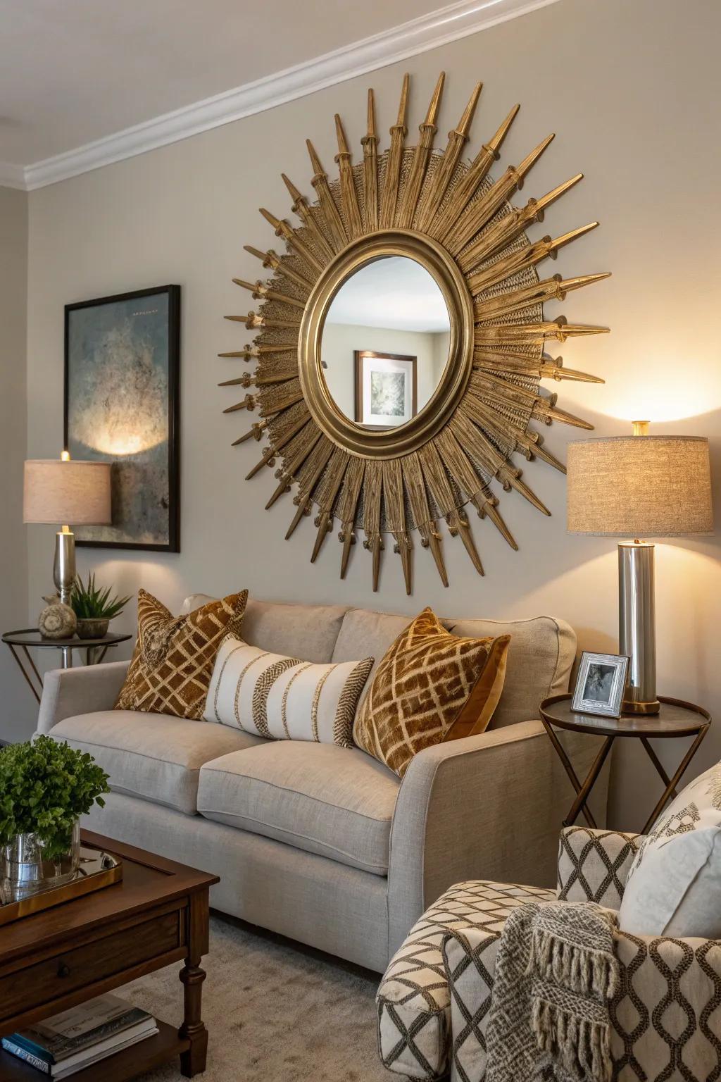 A sunburst mirror adds a glamorous touch.