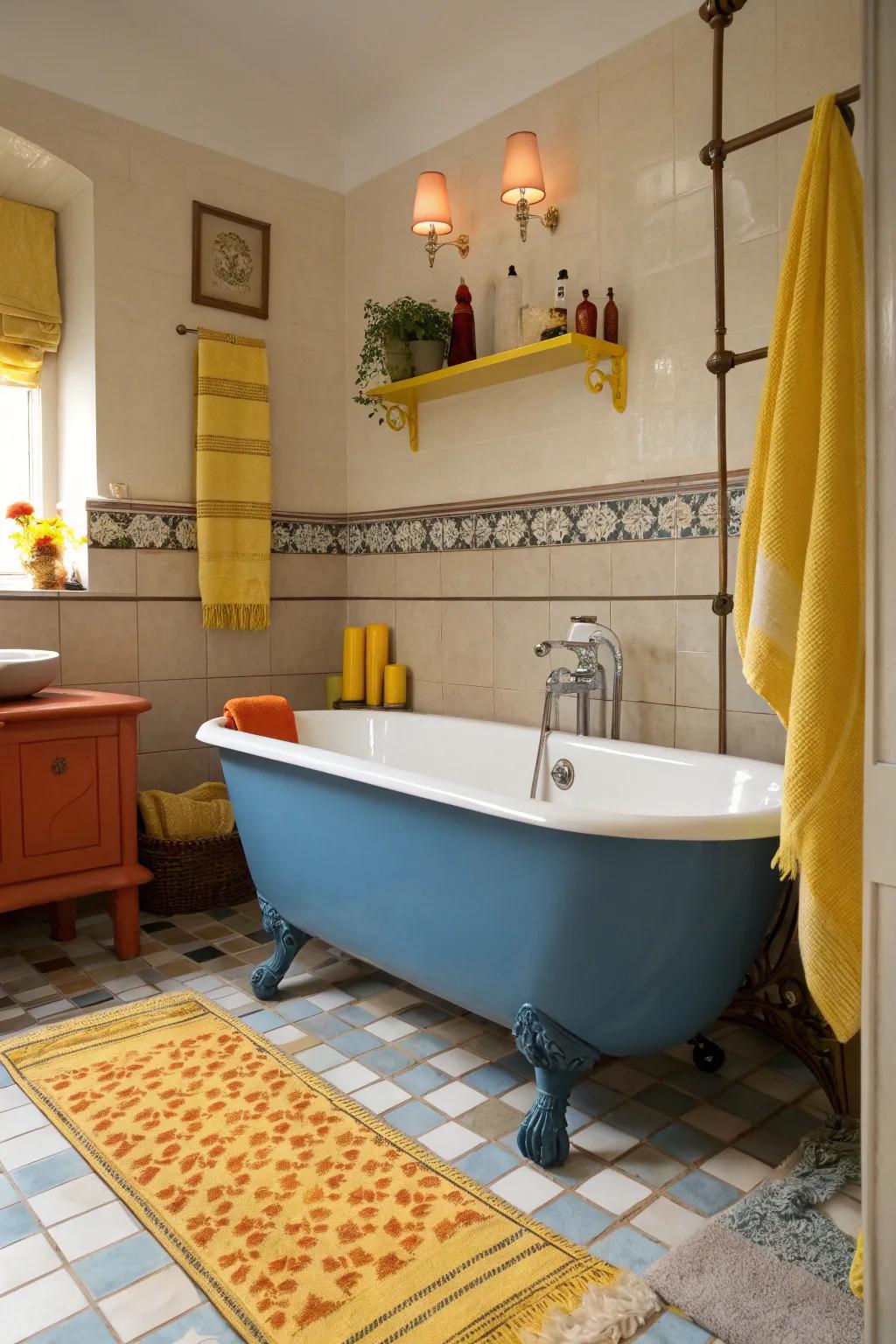 Contrasting colors like yellow or orange add energy to a blue bathtub setting.