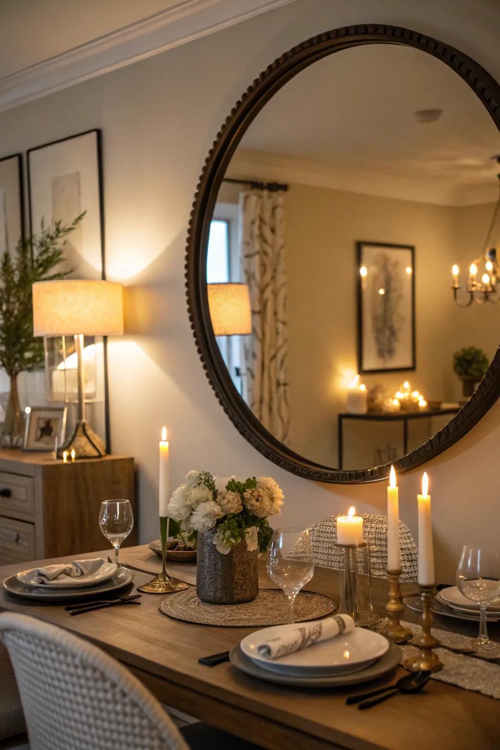 A dining room enriched with the elegance of a round mirror.