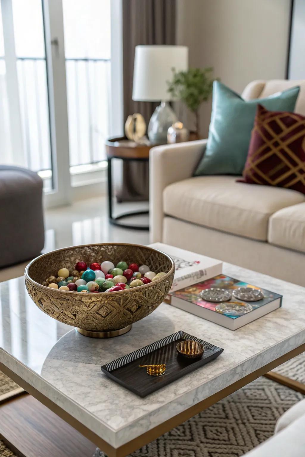 A decorative bowl adds texture and functionality to your corner table.