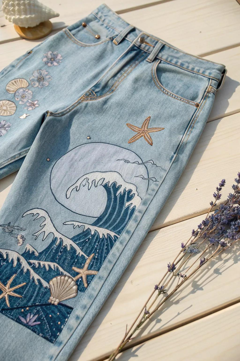 Embrace the serenity of the sea with ocean-inspired denim art.