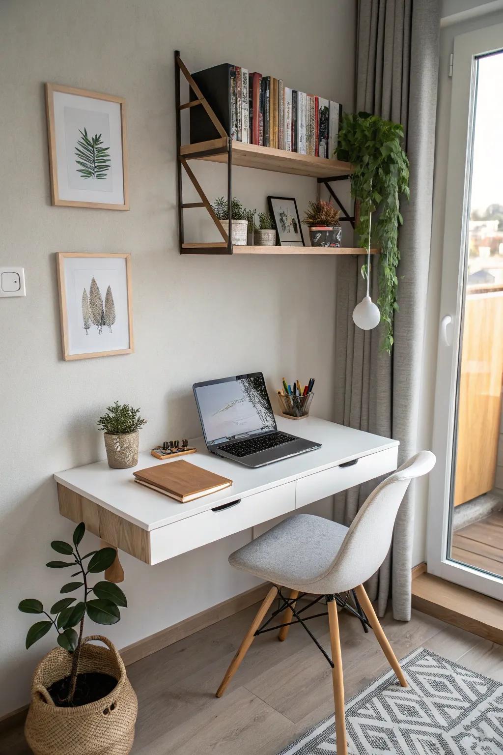 A floating desk maximizing space in a small room.