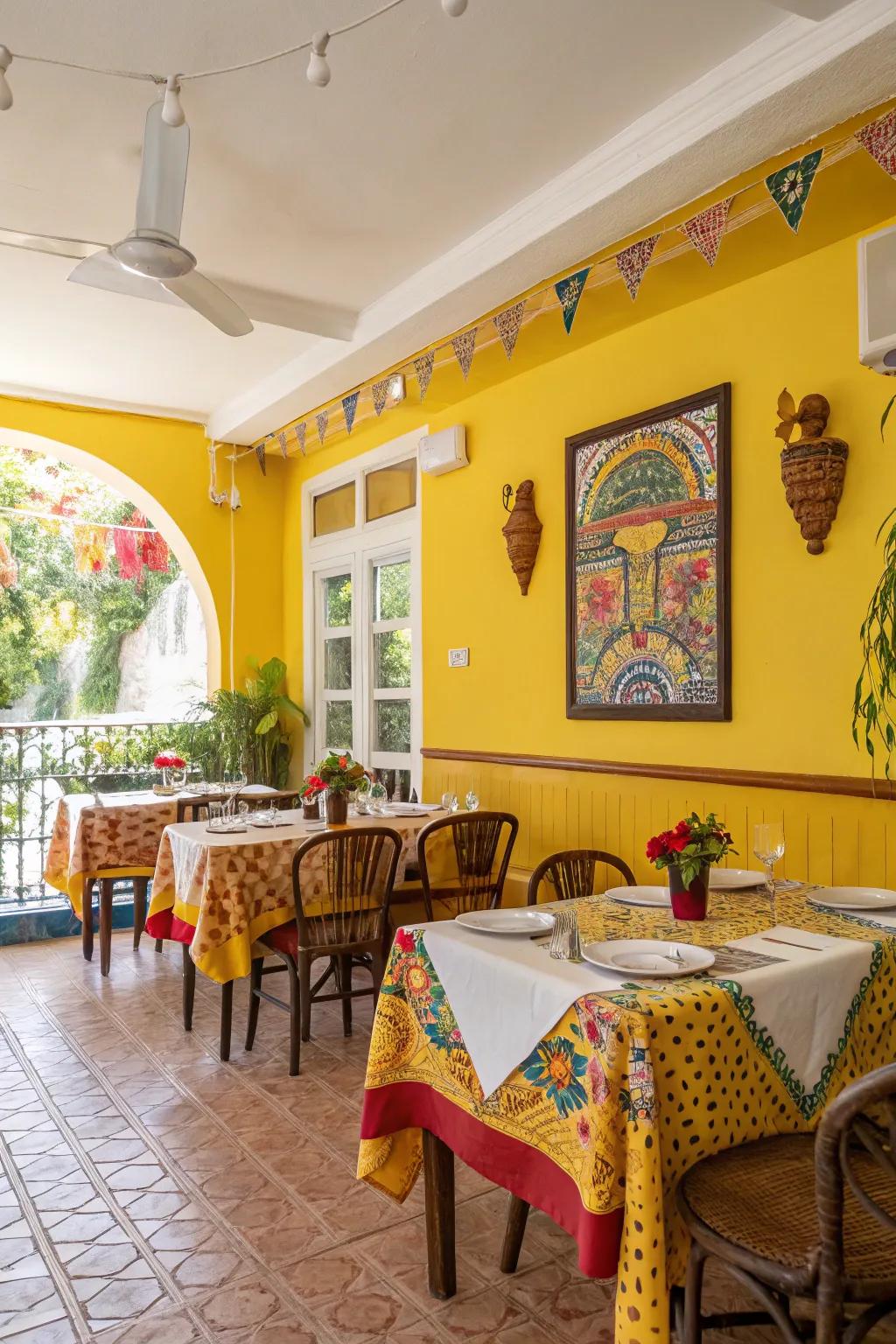 A vibrant dining room with sunny yellow and crisp white hues.