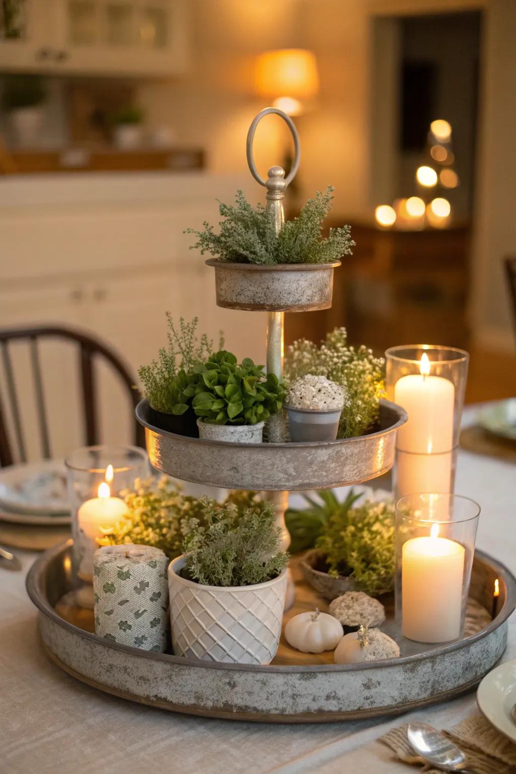 A dimensional centerpiece with a tiered tray displaying small plants, candles, and decorative trinkets.