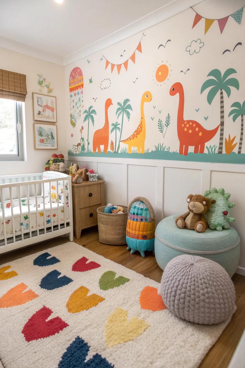 Inspiring words add a personal touch to this dinosaur-themed nursery.