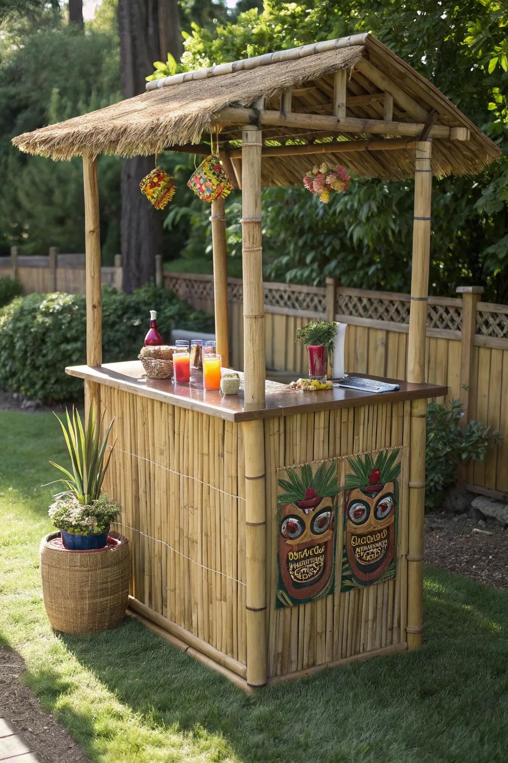 Transform your backyard into a tropical paradise with a handcrafted bamboo tiki bar.