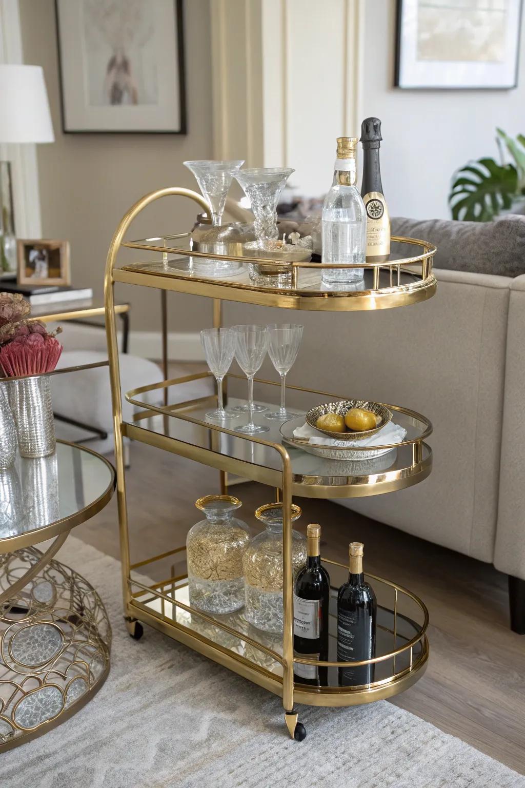 A versatile bar cart that adds a glamorous touch to any space.