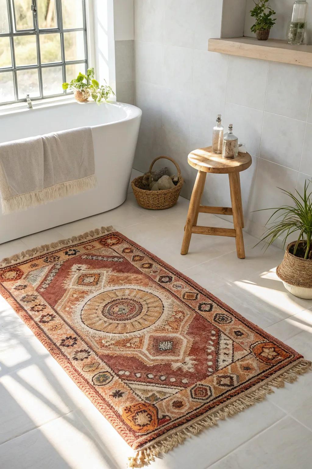 Transform your bathroom into a cozy sanctuary with a vibrant statement rug. Embrace simplicity and warmth with a touch of boho charm.