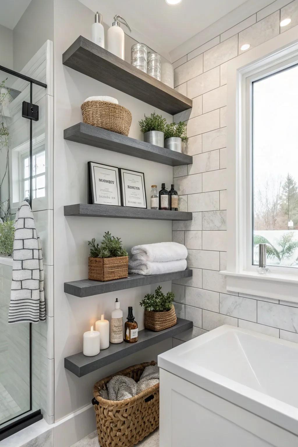 Floating shelves offer both style and functionality.