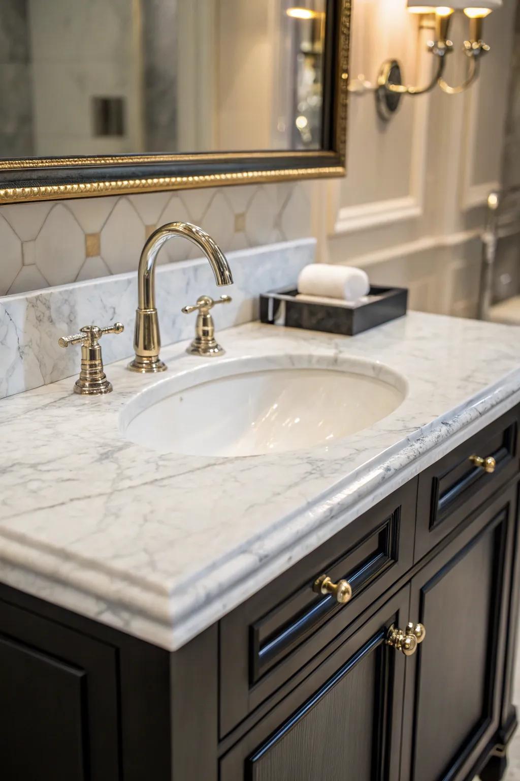 Marble tops add elegance and luxury to bathroom vanities.