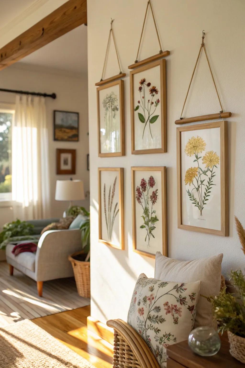 Pressed flower art brings a touch of nature indoors.