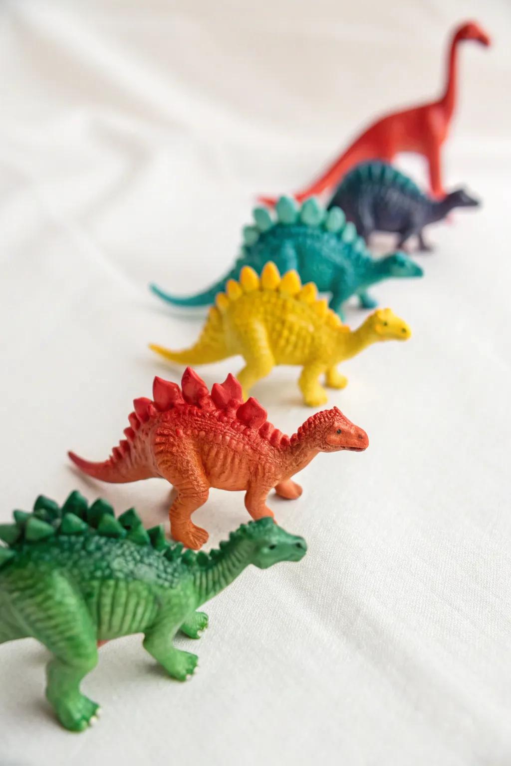 Create a colorful parade with painted dinosaur toys for your table.