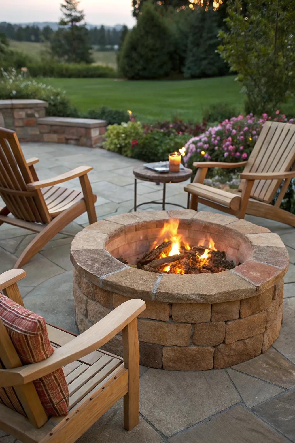 A sandstone fire pit offers a warm, earthy addition to outdoor spaces.