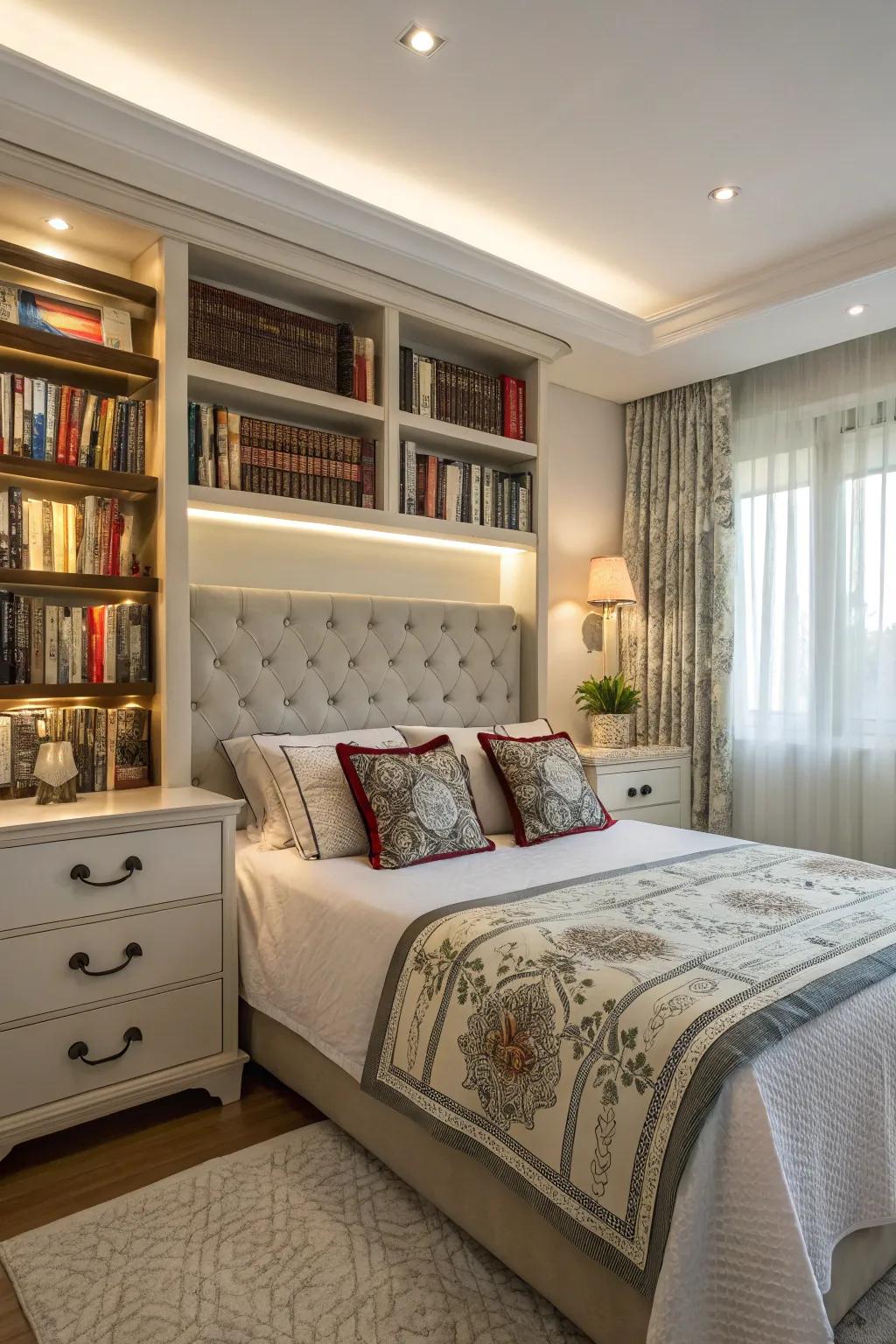 A bookshelf headboard serves both as storage and decoration.