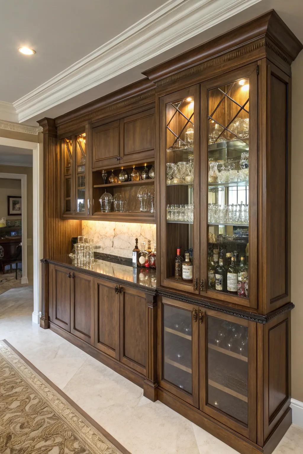 A hidden cabinet bar offers a discreet yet elegant way to store your bar essentials.