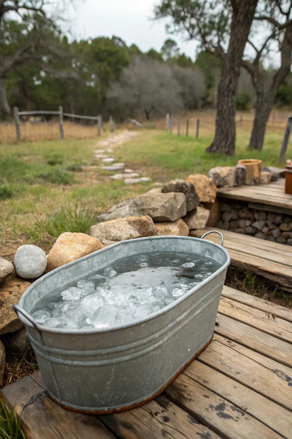 Durable and rustic, a galvanized steel tub ice bath.