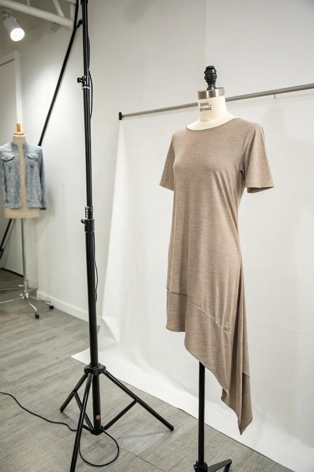 An asymmetrical t-shirt dress that makes a bold fashion statement.