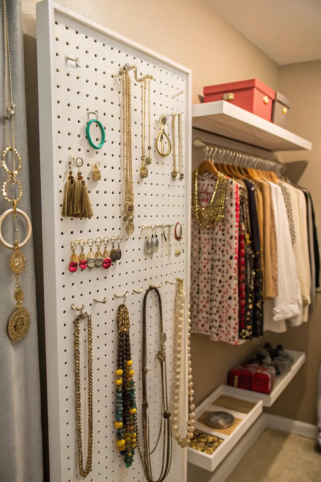 A pegboard provides a stylish way to organize accessories in a closet.