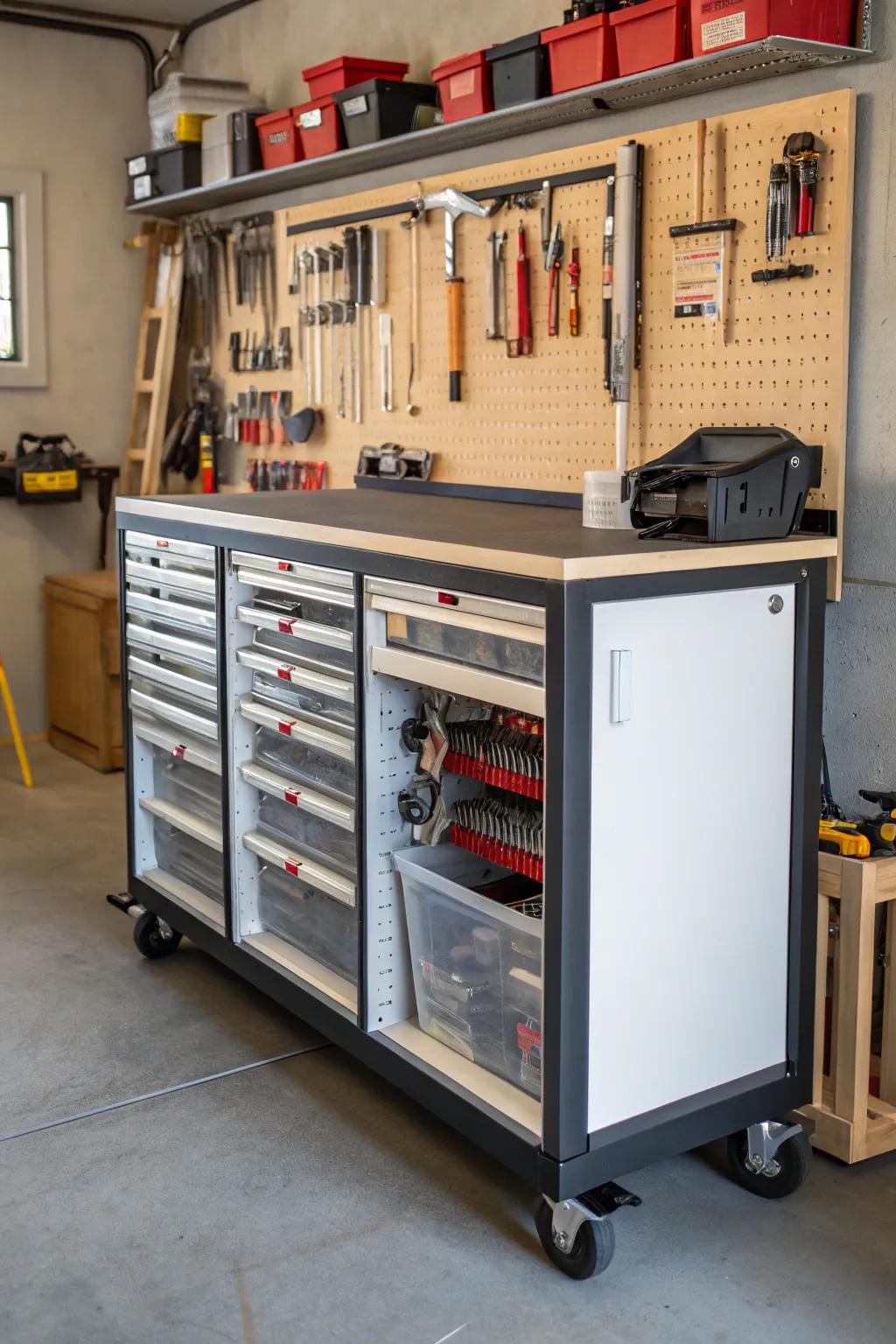 Keep your tools organized with integrated slots on this workbench.