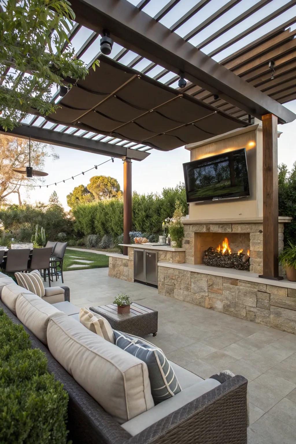 A backyard lounge with a TV offers the ultimate entertainment experience.