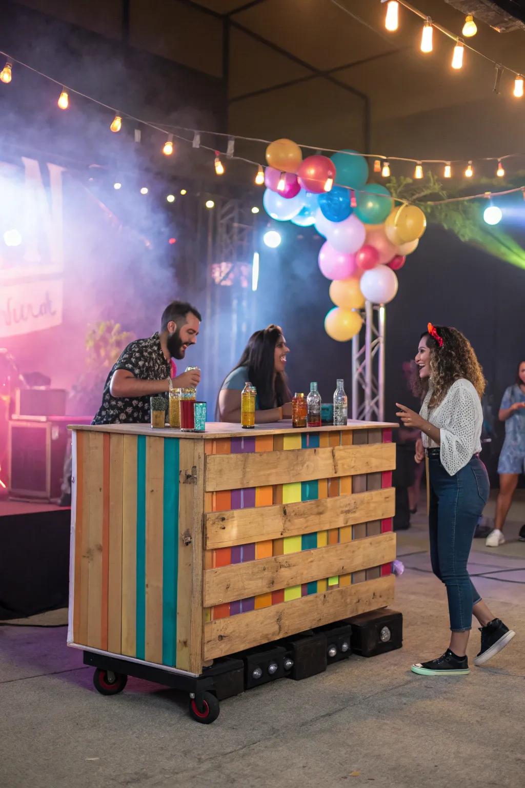 A versatile movable pallet bar, ideal for hosting parties on the go.