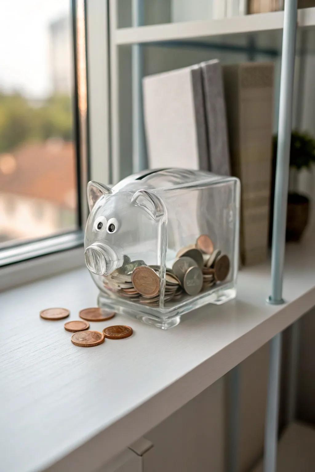 Artistic glass block piggy bank for modern homes.