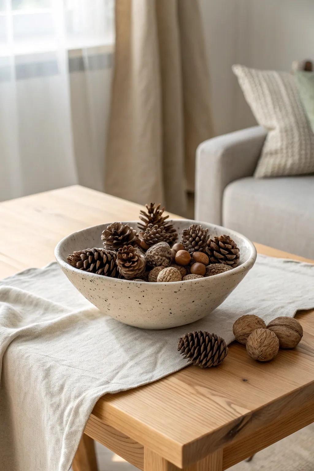 Embrace natural elegance with this pine cone and acorn centerpiece—perfect for a minimalist fall table setting.