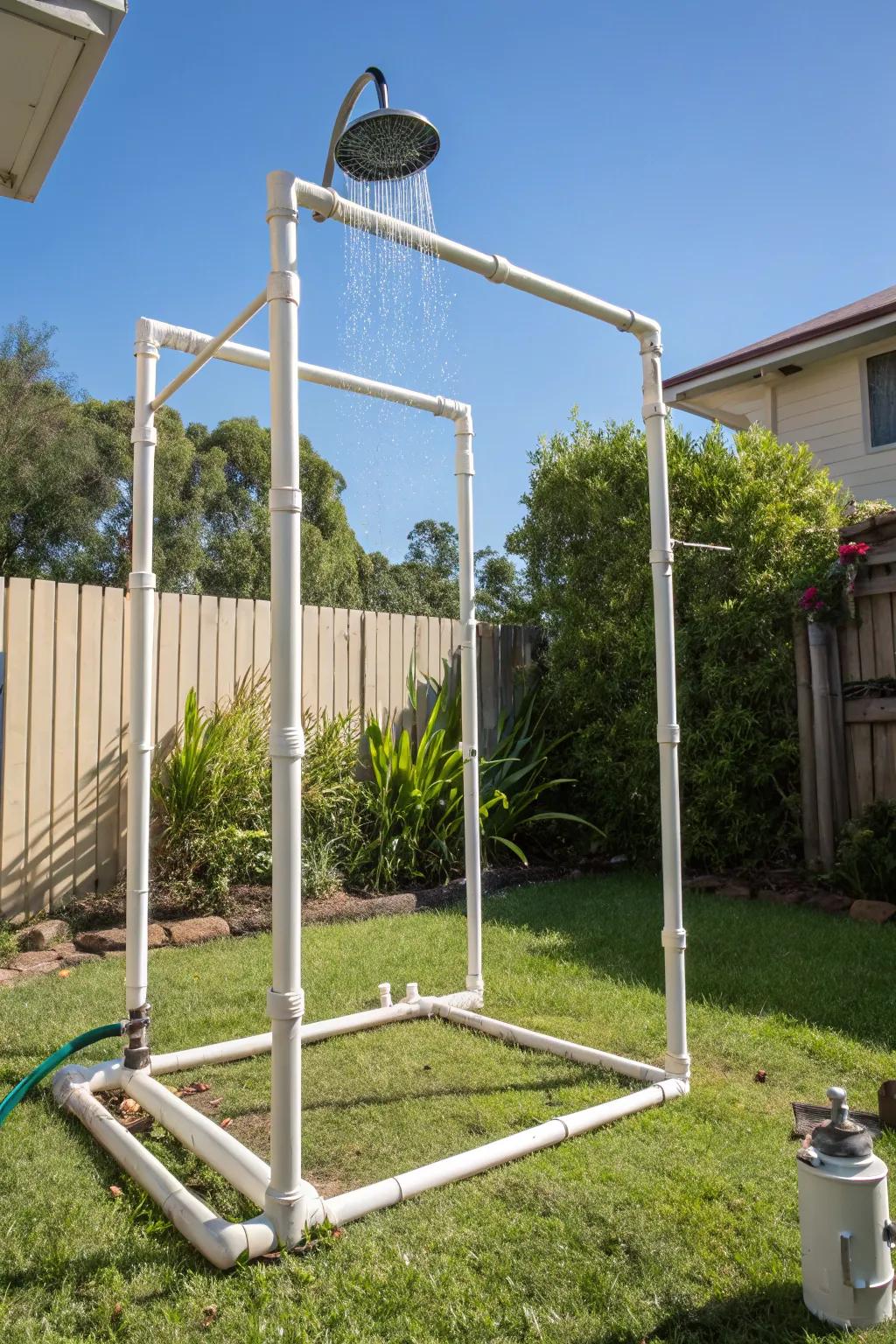 A sturdy and customizable PVC pipe shower frame.