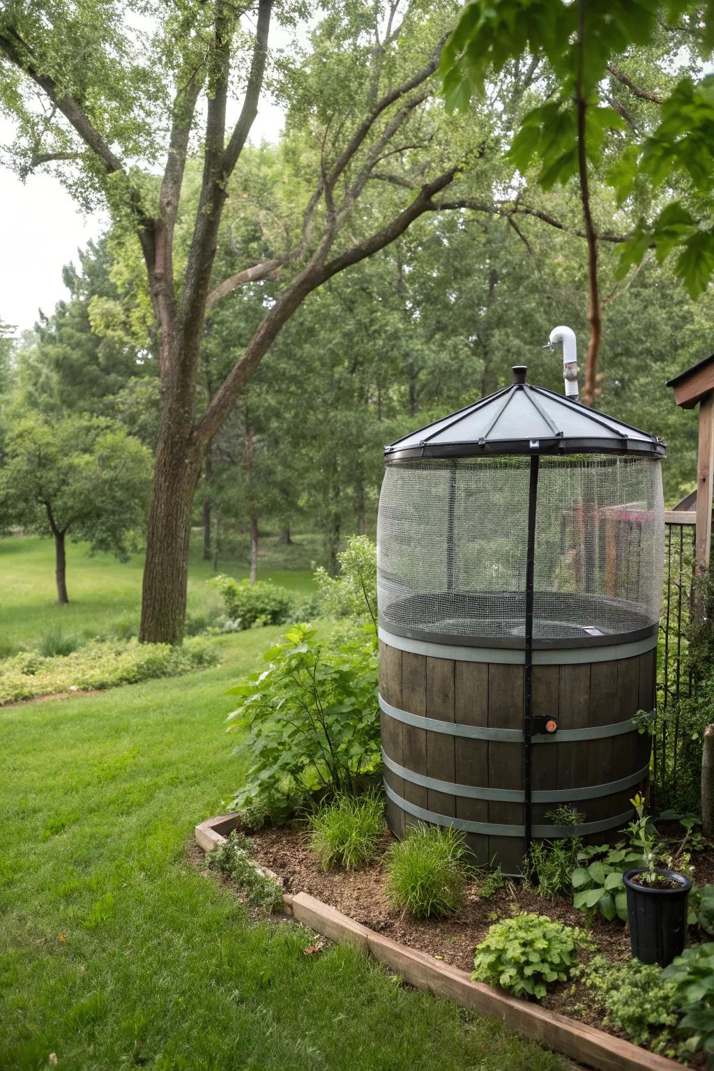 A screened top keeps debris out of this rain barrel, ensuring clean water collection.