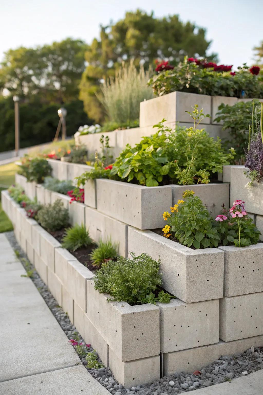 A modern cinder block garden bed with a tiered design.