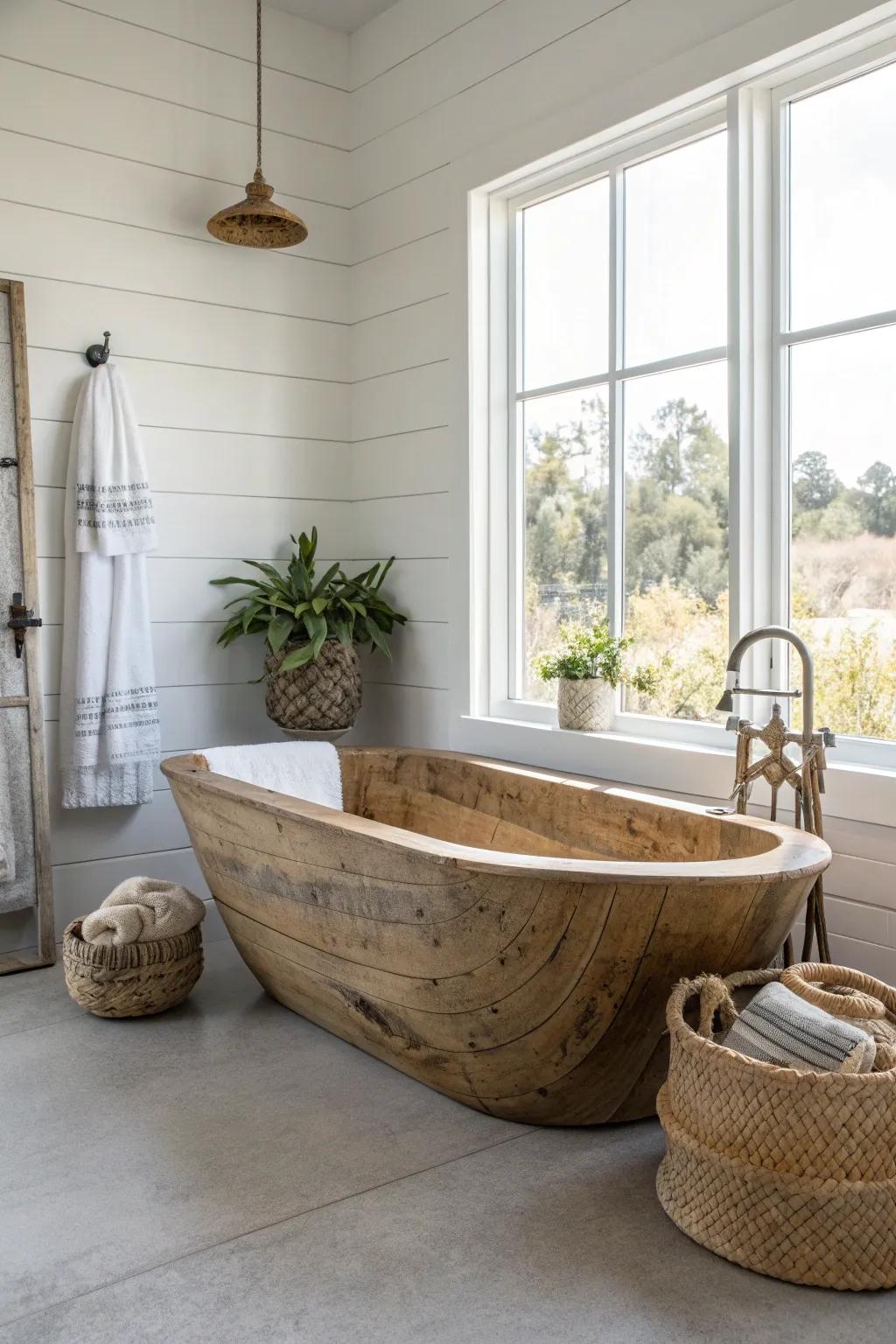Embrace rustic elegance with a freestanding wooden bathtub, your perfect retreat after a long day.