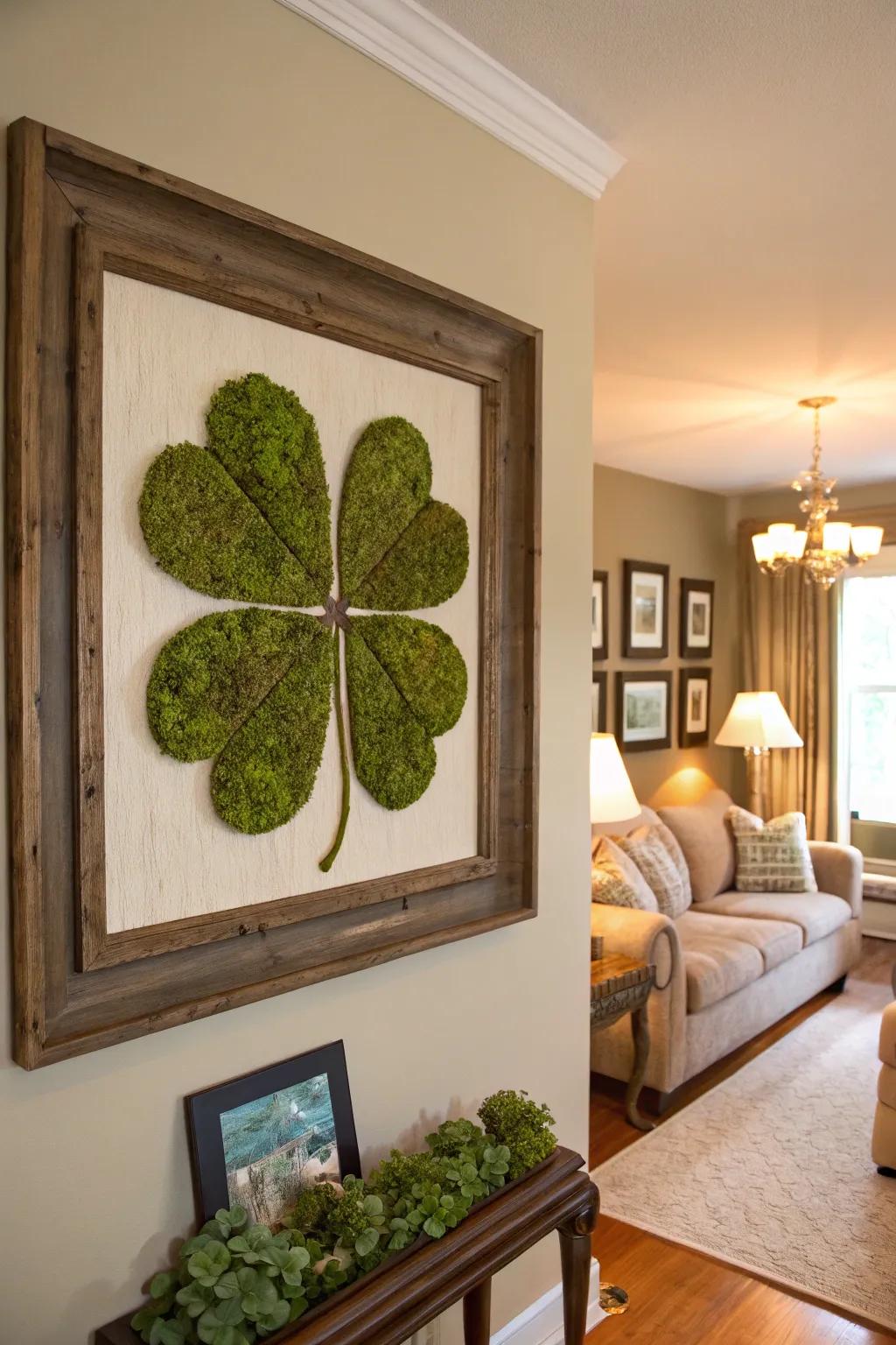 Bring nature indoors with this framed moss shamrock art.