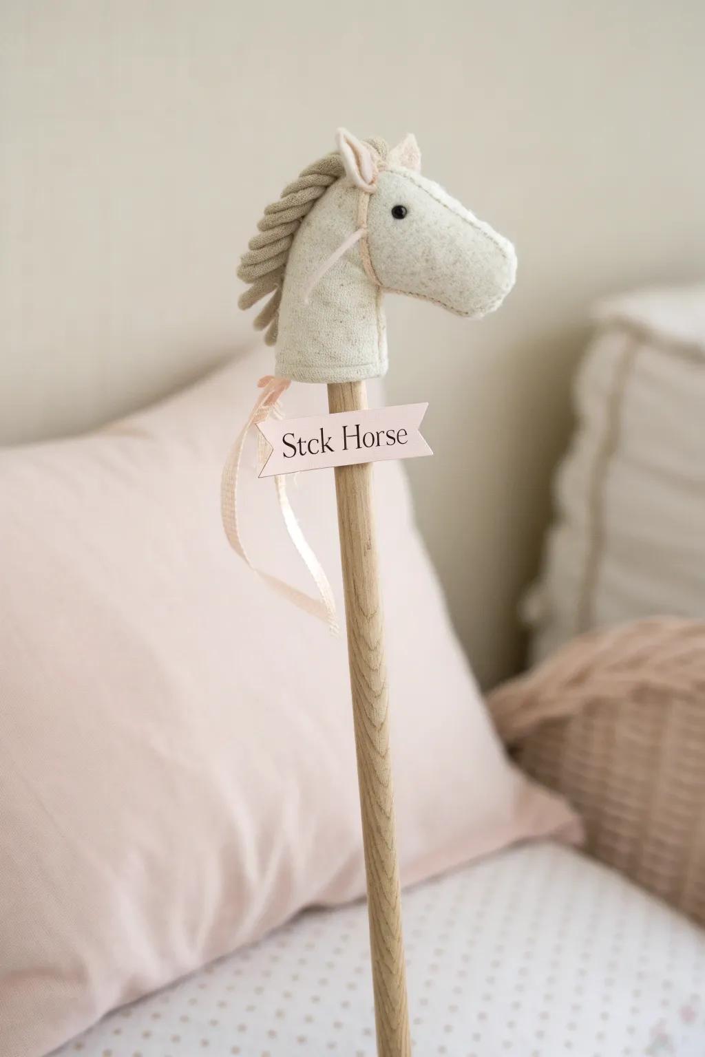 Add a personal touch to your child's playtime with these charming DIY stick horses, complete with personalized name tags.