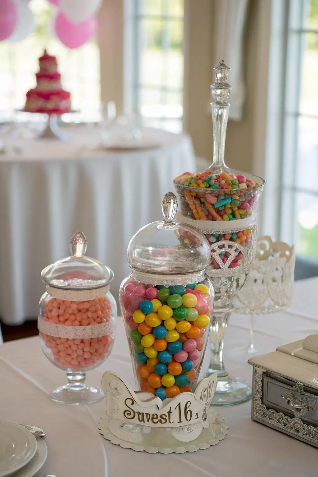 Candy jars as centerpieces add a fun and tasty element to the table.