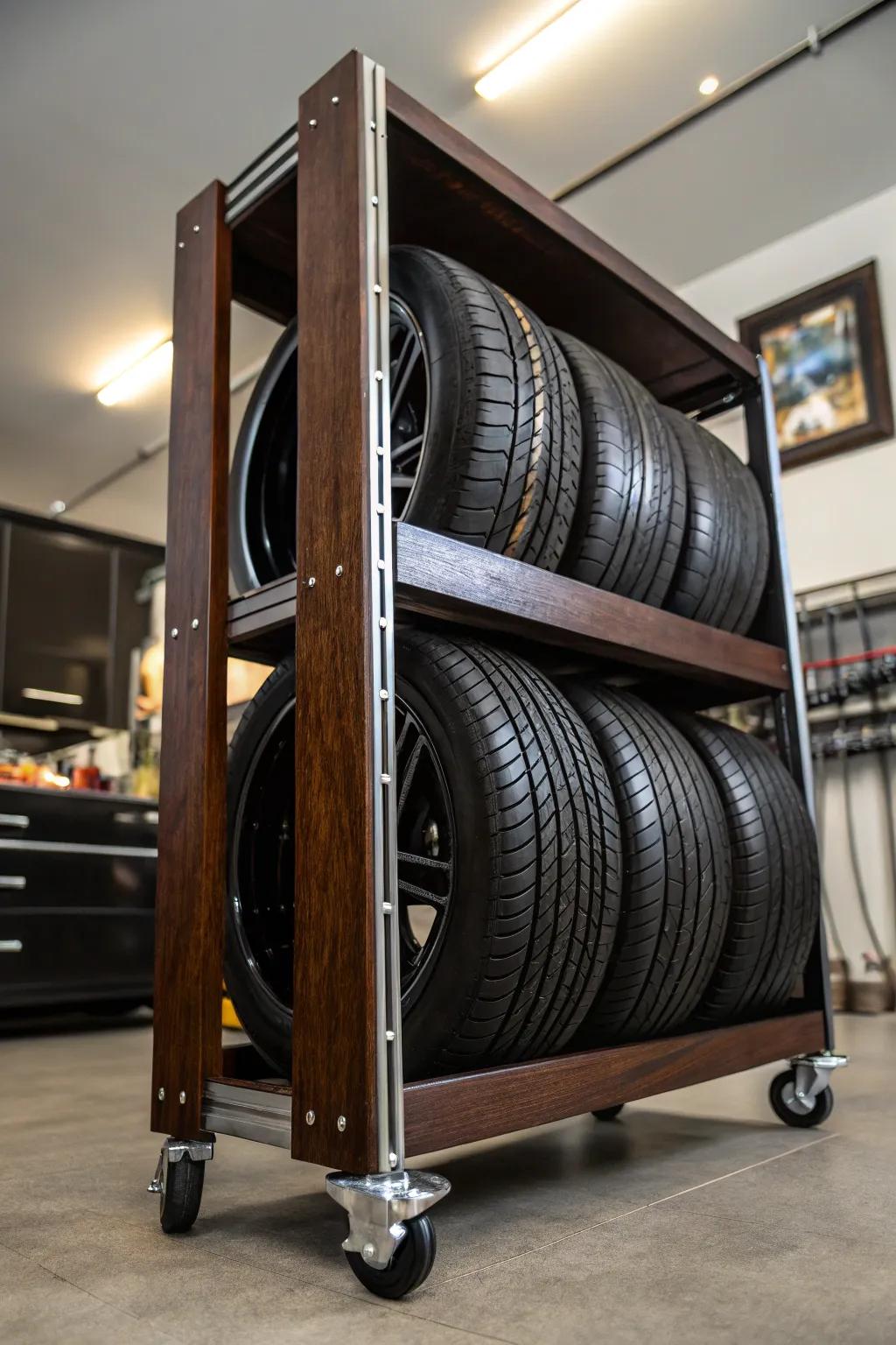 Elevate your garage aesthetics with a mobile tire storage solution that blends style and functionality.