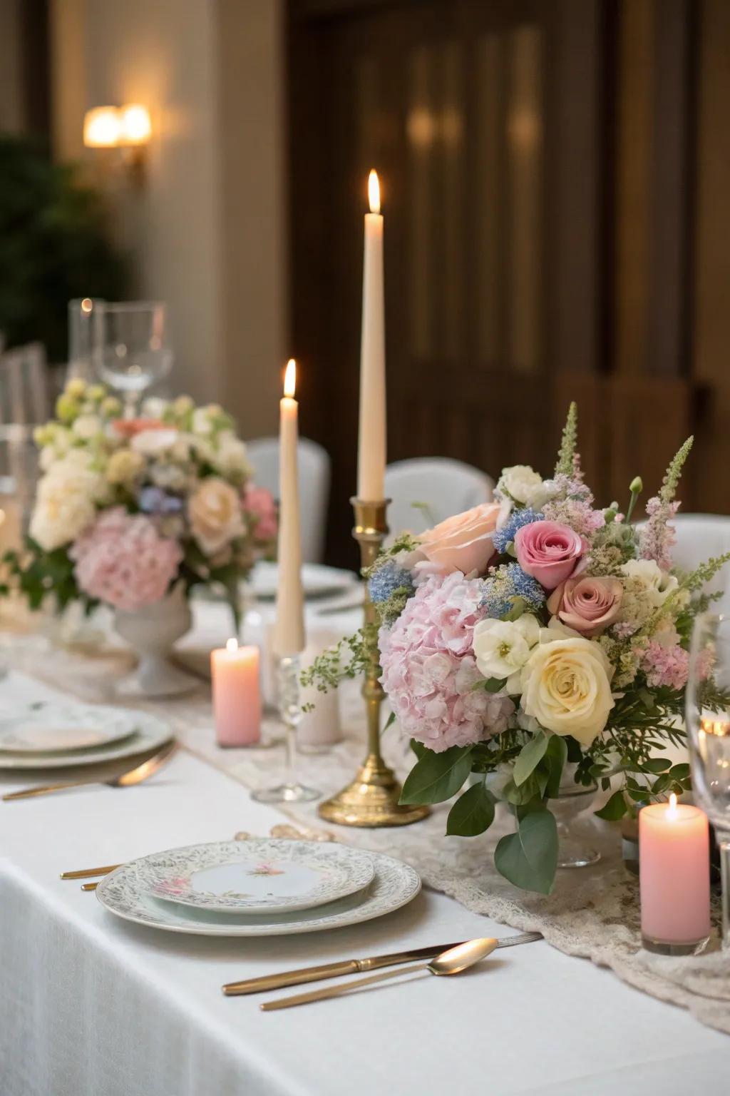 A faux floral tablescape creates a romantic and timeless setting.