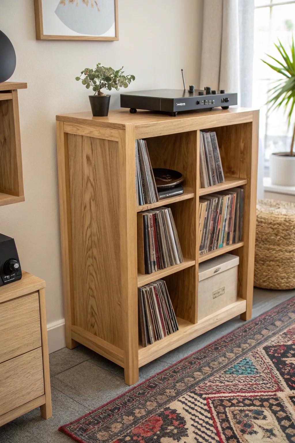 Transforming old into gold: a Scandinavian-inspired vinyl storage solution with a touch of Boho charm.