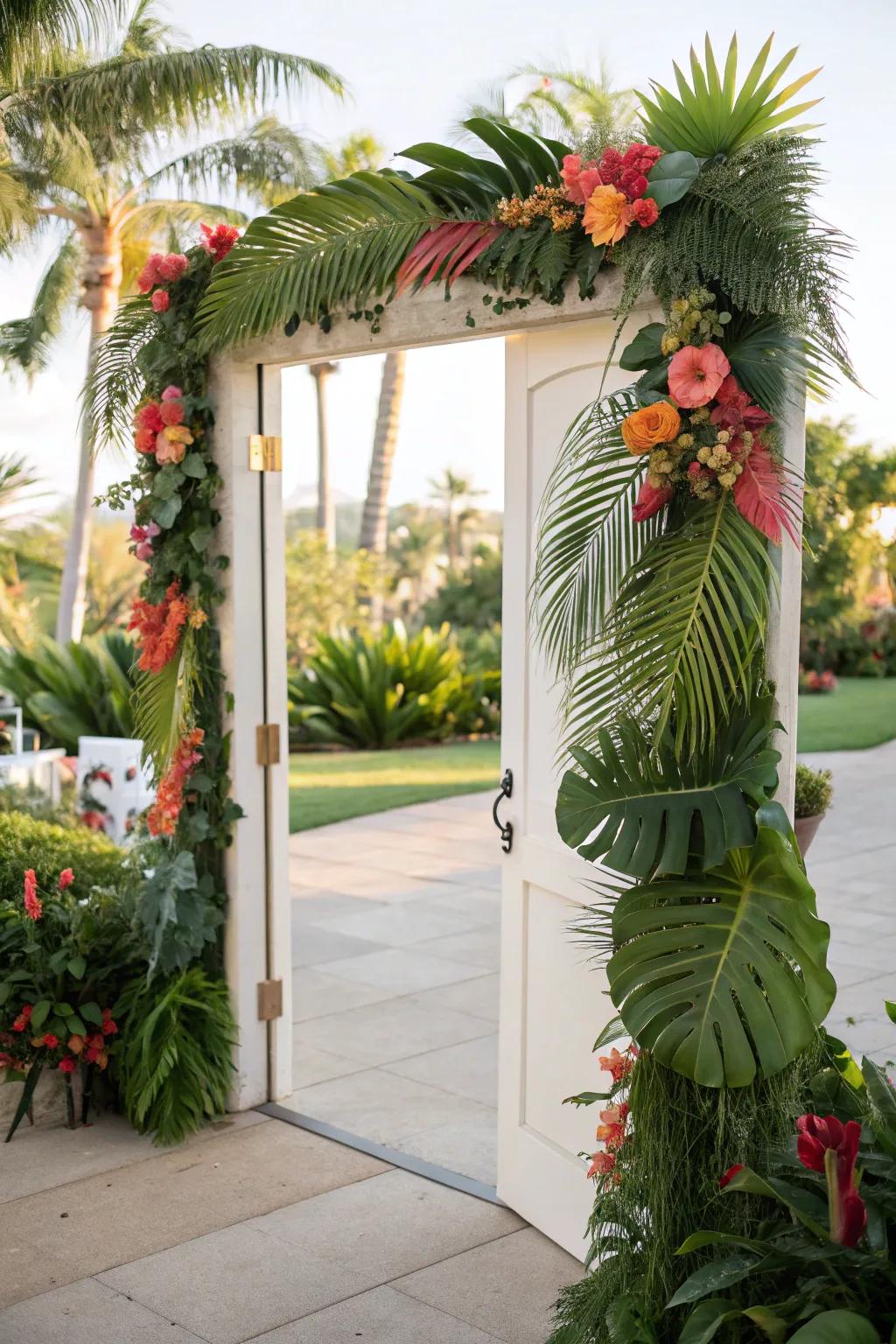 A vibrant tropical escape themed door.