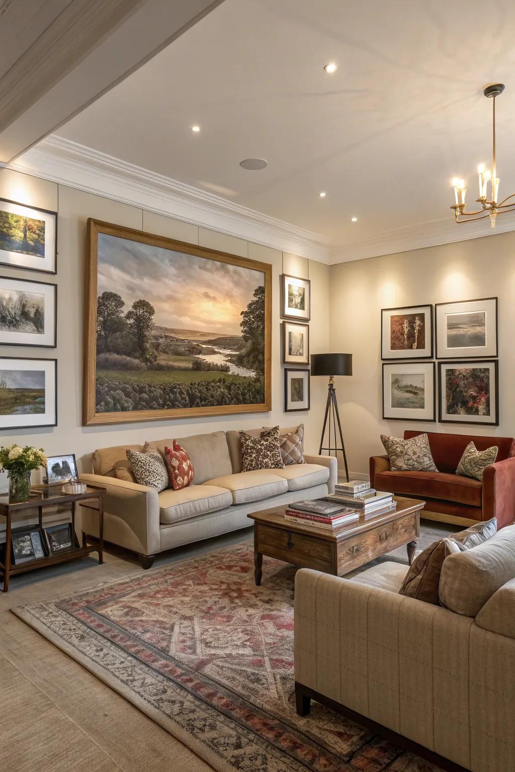 Art serves as a captivating focal point in your living room.