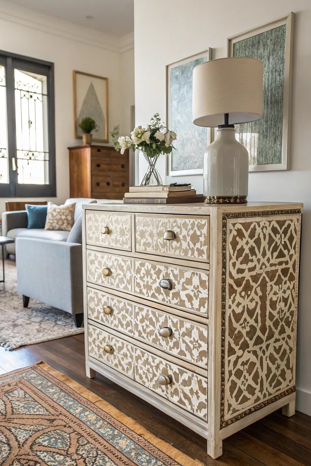 Stencils can transform a dresser into a statement piece.