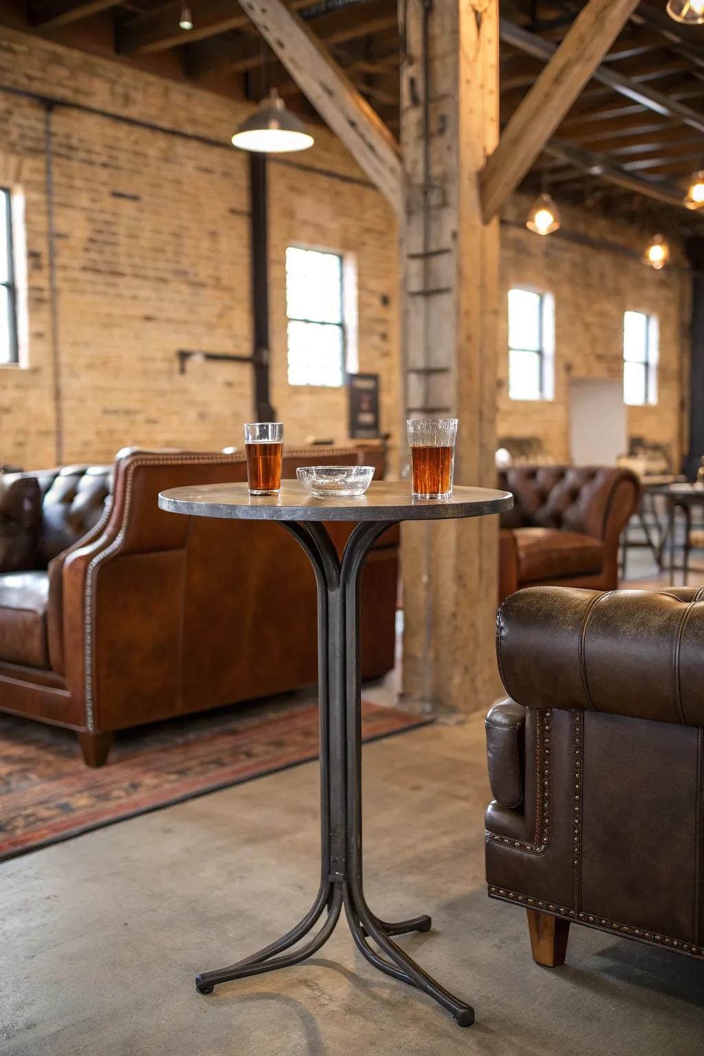 An industrial metal drink table in a loft setting.