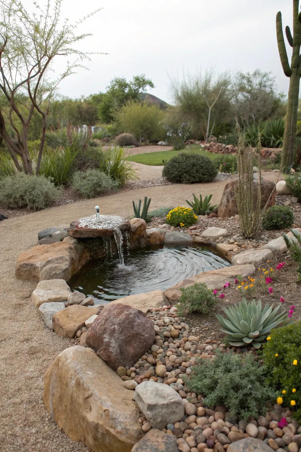 A small water feature adds tranquility and charm.