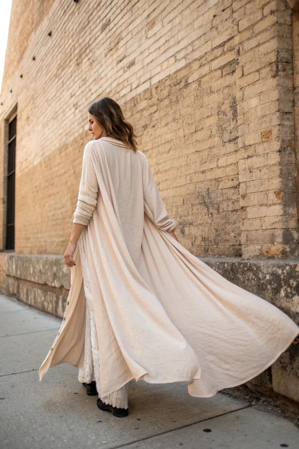 Embrace urban chic with a touch of elegance—let your duster cardigan shine against the cityscape.